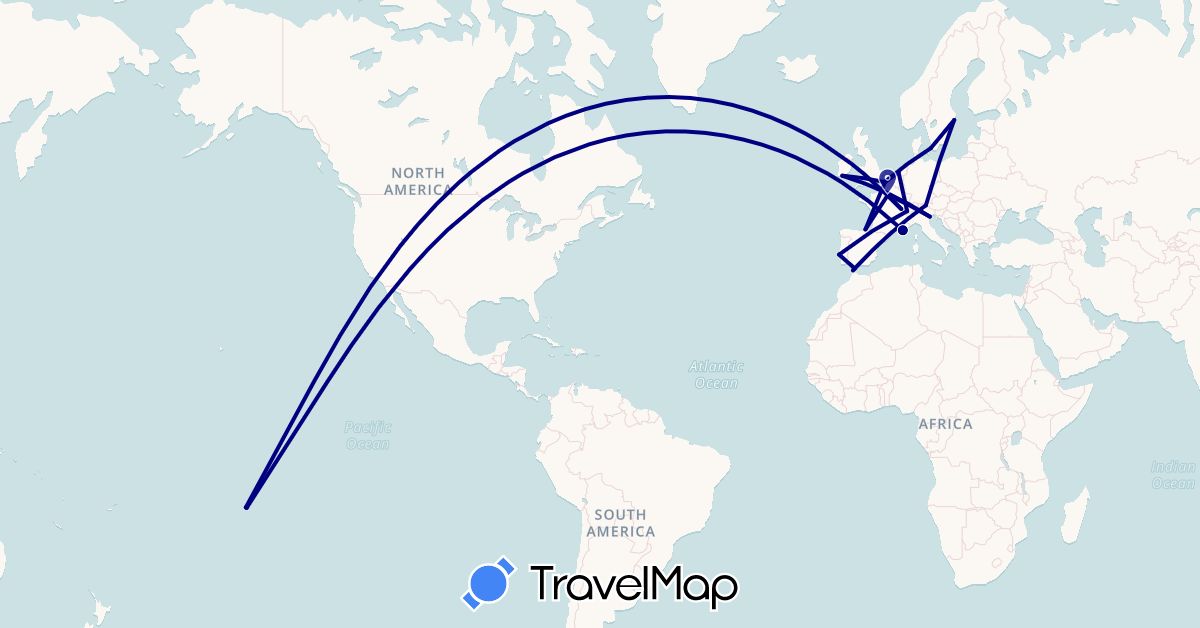 TravelMap itinerary: driving in Austria, Switzerland, Denmark, Spain, France, Ireland, Italy, Morocco, Netherlands, French Polynesia, Portugal, Sweden (Africa, Europe, Oceania)
